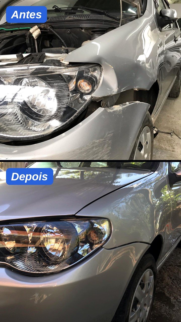 Antes e depois: frente de hatch prata batida, recuperada e pintada