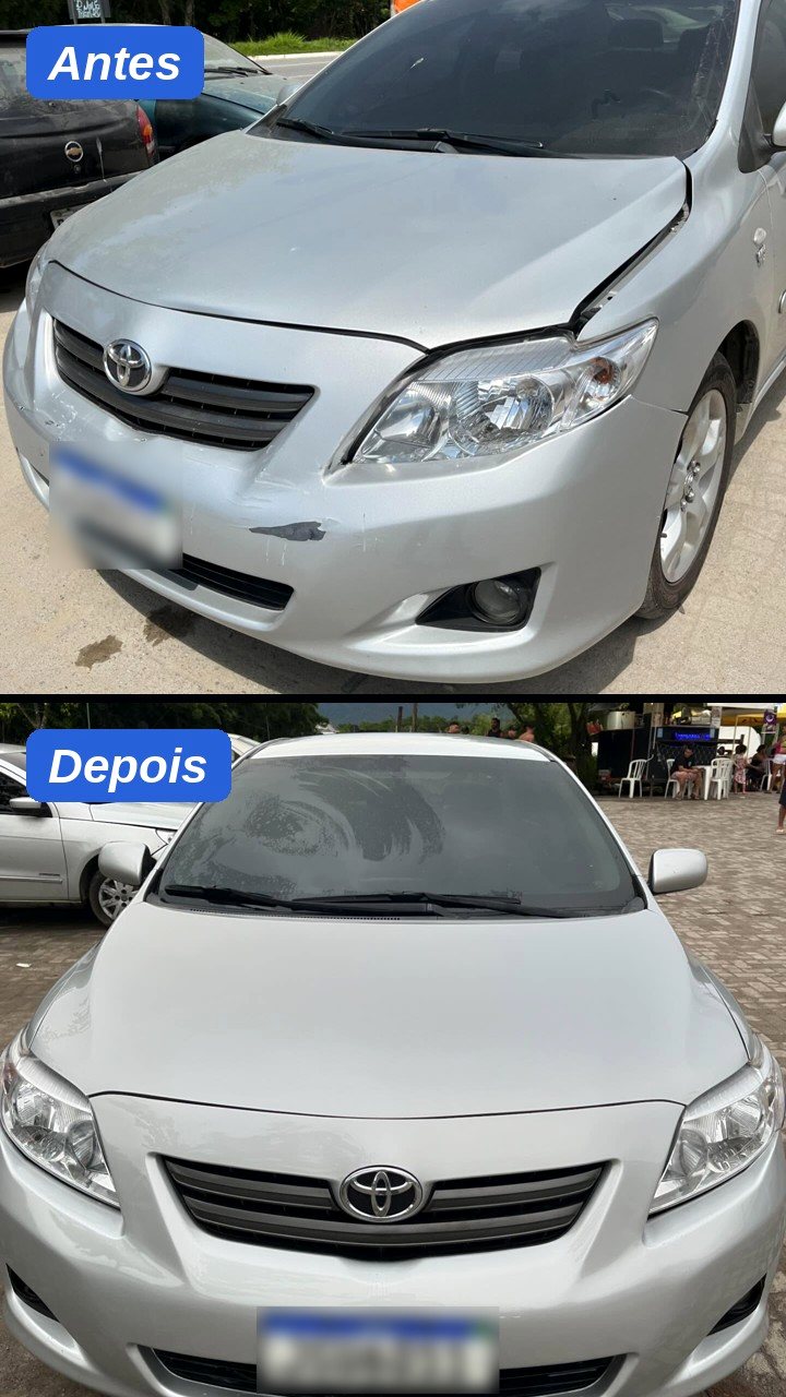 Antes e depois: Corolla prata com frente e capô recuperados